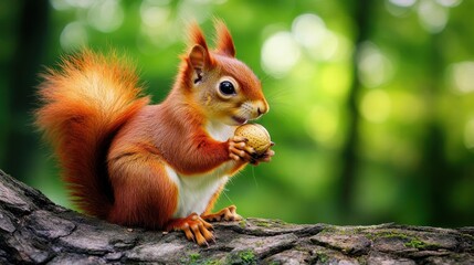 Obraz premium Red Squirrel Holding a Nut in a Forest