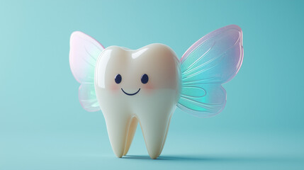 Adorable tooth character with fairy wings on a soft blue background, perfect for children's and dental-themed content.