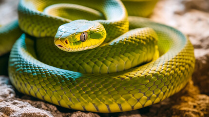 Fototapeta premium Green snake coiled on a rocky surface in natural light