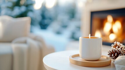A serene winter interior with a lit candle on a table, set against a soft-focus background of a cozy chair and warm fireplace, creating a calming atmosphere.