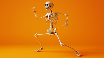 Festive skeleton character dancing on a vibrant orange background, perfect for Halloween themes or playful content.