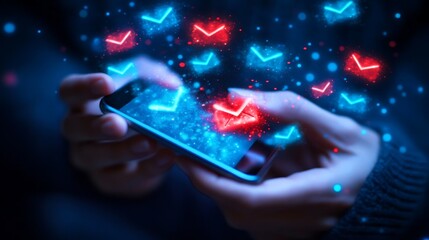 Smart phone using with emails icons, A person using their smart phone to check an email