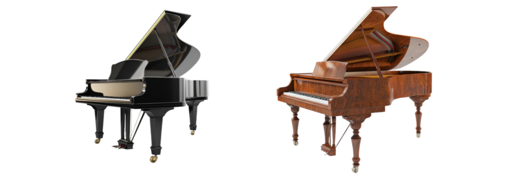 Luxurious black and wooden grand pianos, blending classic elegance with refined craftsmanship