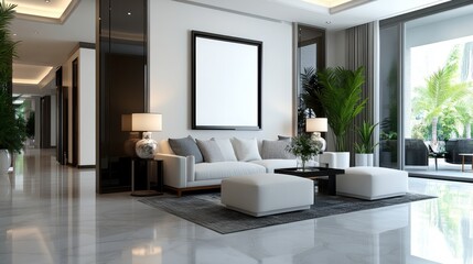 A spacious, luxurious open-plan living area featuring plush white furniture, high ceilings, and abundant natural light, creating a sophisticated ambiance.