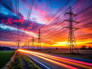 Stunning Long Exposure of Power Lines at Dusk with Dramatic Sky