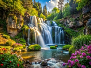 Obraz premium Stunning Long Exposure Waterfall in Nature's Embrace - Candid Photography