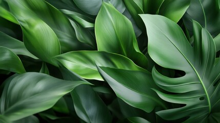Fototapeta premium An artistic portrayal of smooth green leaves overlapping intricately, producing a vibrant display of serene harmony, nature, and the beauty of simplicity and depth.