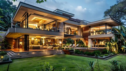Obraz premium A sumptuous modern home with large, open spaces, featuring luxurious interiors and a sophisticated architectural design. 