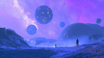 Fototapeta premium A mystical cosmic landscape with floating planets and galaxies, combining fantasy and surrealism.