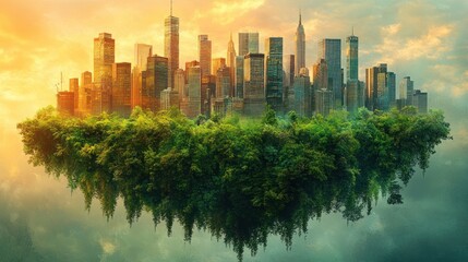 Obraz premium A floating city surrounded by lush greenery at sunset.