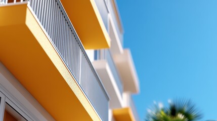 Obraz premium A striking view of a modern building with yellow balconies against a clear blue sky, representing contemporary architecture and a sense of urban tranquility.