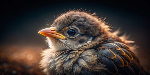 Fototapeta premium Captivating Portrait of a Baby Bird Against a Moody Background, Showcasing Nature's Beauty and Delicate Features in Stunning Product Photography