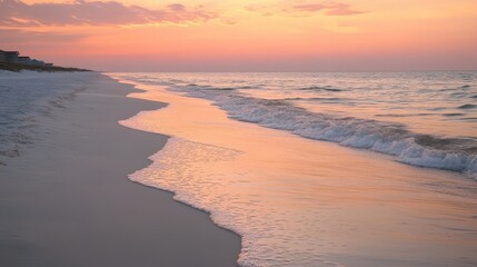 Obraz premium Gentle waves rolling onto a sandy beach at sunrise