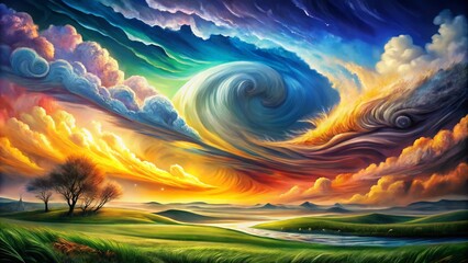 Celebrating National Weatherpersons Day with an Abstract Landscape Representing the Elements of Weather and Nature's Beauty in a Vibrant and Dynamic Composition