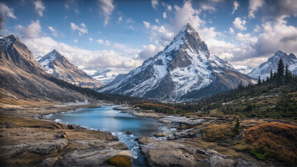 Fototapeta premium A serene mountain landscape with a snowy peak, surrounded by rugged terrain. A calm reflective lake stretches through the foreground, capturing the beauty of the cloudy sky.