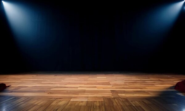 Red velvet theater curtains parted to reveal a dark stage with wooden floors