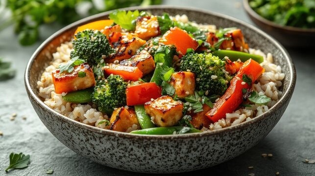 Tofu Stir-Fry with Broccoli, Peppers, and Rice
