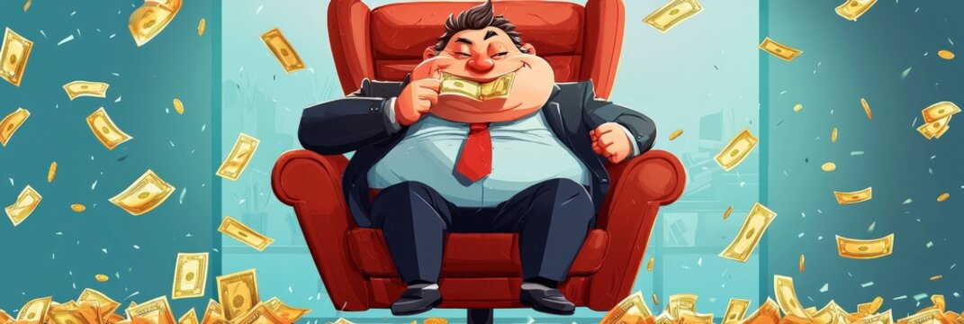 Comic-style image showing a gleeful man seated in a plush chair, teasingly biting a dollar bill, signifying wealth and playful indulgence.