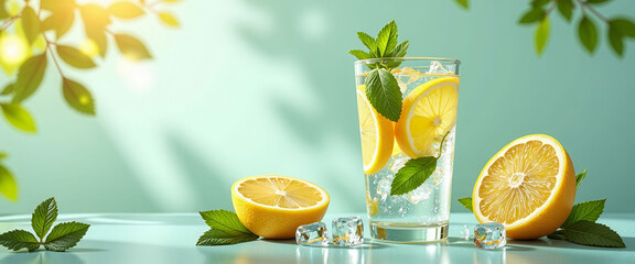 A glass of lemonade with ice cubes and lemon slices on a table. The image conveys a refreshing and healthy vibe, as the drink is made with fresh lemons and mint