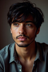 Obraz premium A man with a beard and mustache is wearing a black shirt. He has a serious expression on his face