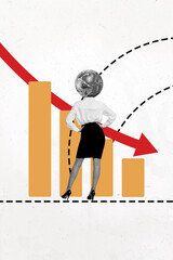 Vertical photo collage of anonym businesswoman instead head globe arrow chart decline crisis...