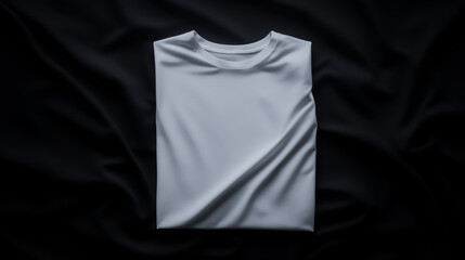 A neatly folded white t-shirt lying on a smooth dark fabric surface, with natural fabric creases and shadows creating a realistic, clean look.