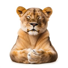 Obraz premium Lioness resting with paws crossed isolated on white background
