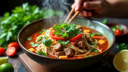 A vibrant bowl of steaming noodle soup showcases tender meat, colorful bell peppers, and fresh herbs. Lime wedges and cherry tomatoes add a refreshing touch to this appetizing dish, perfect for a cozy