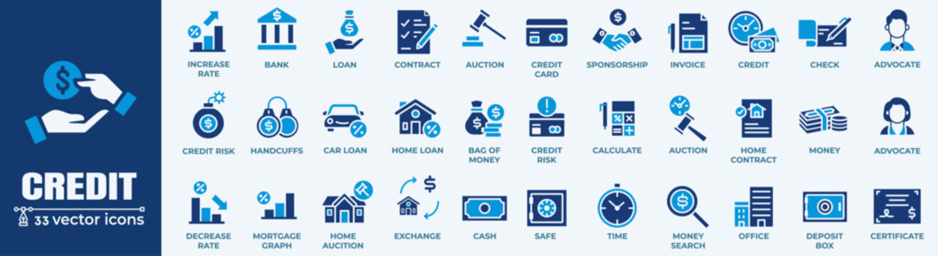 Loan and Credit web icons in line style. Credit card, deposit, car leasing, rate interest, calculator, income, rating, collection.