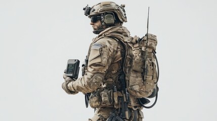 Fototapeta premium A soldier in tactical gear holding a device, ready for a mission in a desolate environment.