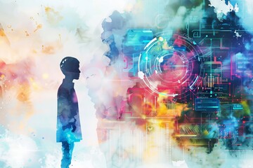 Fototapeta premium Futuristic Digital Art with Silhouette of Person and Abstract Technology Interface in Vibrant Colors