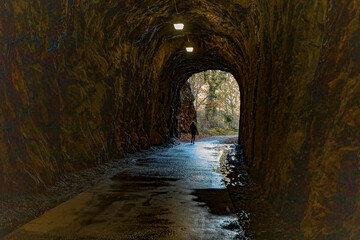 Fototapeta premium Checking out the abandoned Hollins Mill railroad tunnel at Blackwater Creek Natural Area