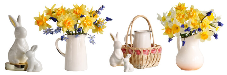 Brightly colored daffodils and blue flowers are arranged in classic vases, surrounded by charming bunny figurines, creating a cheerful springtime Easter atmosphere.