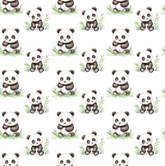 Obraz premium A whimsical pattern featuring cute pandas surrounded by greenery on a white background, perfect for children's decor and products.