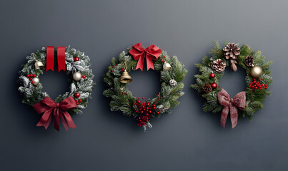 Fototapeta premium Christmas and New Year designs with festive ornaments, golden snowflakes, cozy wreaths, and sparkling holiday accents for wallpaper and greeting cards