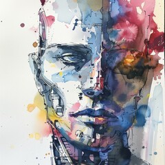 Abstract Watercolor Portrait of a Futuristic Cyborg with Vibrant Colors