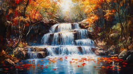 Fototapeta premium A cascading waterfall surrounded by vibrant fall colors in an autumn forest, with leaves gently drifting on the water