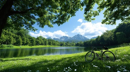 Obraz premium A bicycle is parked on lush green grass by a tranquil lake, with majestic mountains looming under a bright blue sky, creating a serene atmosphere.