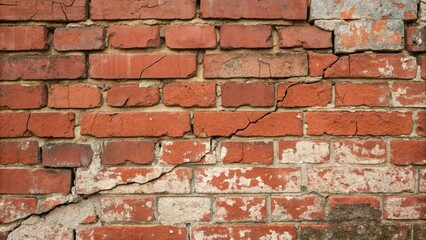 Obraz premium Close-up of old red brick wall with cracks and fading paint, aged, worn
