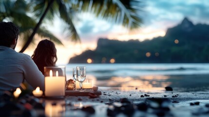 A romantic beachside dinner setup during sunset, with lit candles and wine glasses, offering a picturesque and intimate setting for a coastal evening escape.