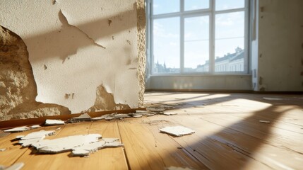 A room bathed in sunlight shows a severely damaged wall with peeling paint and drywall debris scattered on the wooden floor, conveying a sense of neglect and decay.