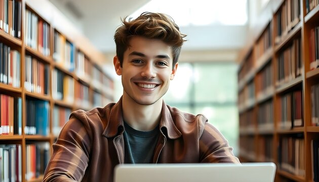 Young man studying in the library with laptop