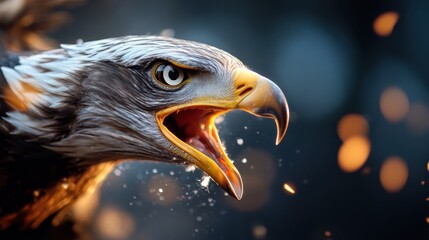 Fototapeta premium An eagle, regal and fierce, with fiery sparks emanating from its beak, set against a twilight background, symbolizing freedom and untamed wilderness.