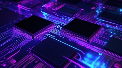 Obraz premium Close-up of a circuit board with glowing components and connections.