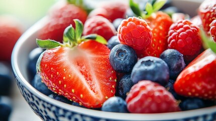 Close-up of a Bowl of Fresh Strawberries, Raspberries, and Blueberries