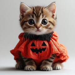 Adorable kitten dressed in a Halloween costume, featuring a playful pumpkin design that captures the festive spirit.