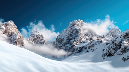 Obraz premium A stunning view of a snow-covered mountain range with jagged peaks, set against a clear, deep blue sky, evoking a sense of tranquility and adventure.