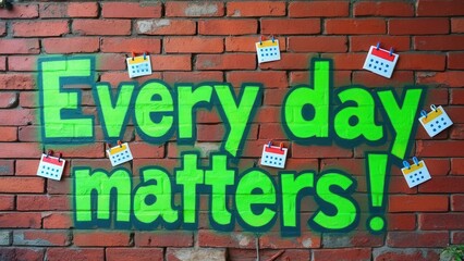 Fototapeta premium A vibrant mural painted on a red brick wall emphasizes the message that every day matters. Colorful calendars are attached, enhancing the visual impact and encouraging viewers to appreciate daily mome