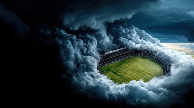 This captivating image displays towering clouds enveloping a stadium field below, offering a sense of drama and anticipation with its powerful visual impact.