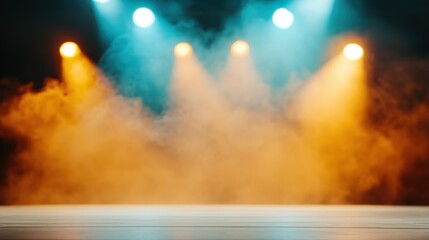 Fototapeta premium An artistic image showcasing dual tone lighting in shades of blue and orange with swirling smoke on a theatrical stage, setting a vibrant and inspiring mood.